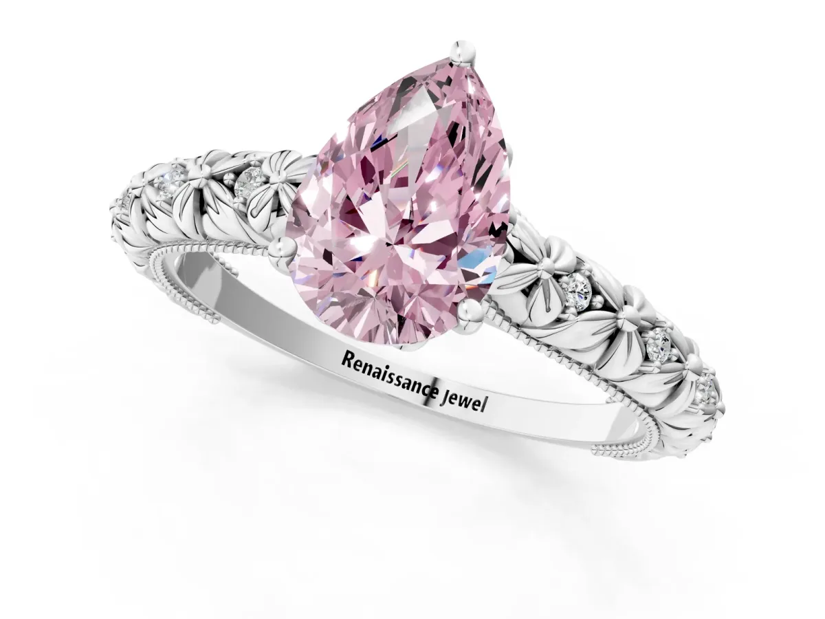 Fancy Pink Pear Cut Solitaire Floral Milgrain Engagement Ring Silver