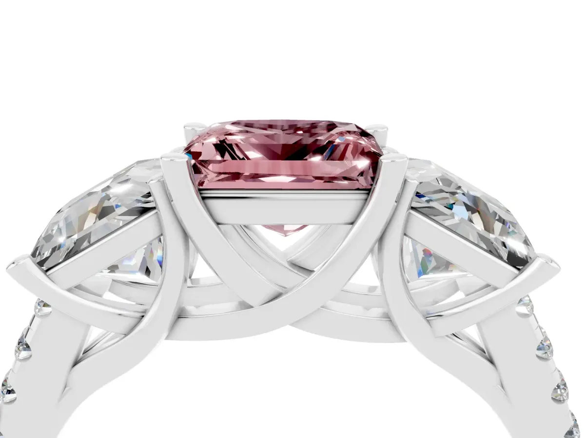 Three-Stone Princess Cut Morganite Ring with Round Pavé Band and Prong Setting Silver
