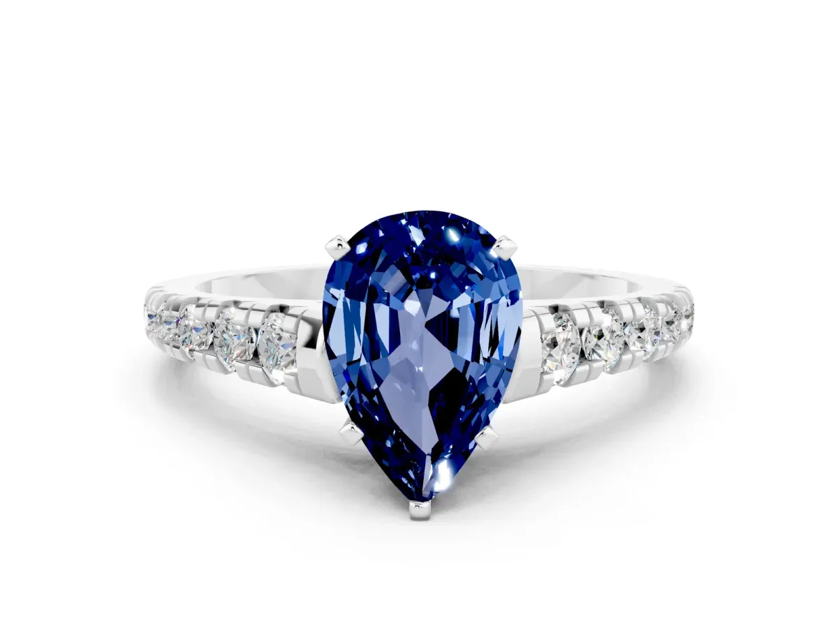 Pear Cut Blue Sapphire Cathedral Solitaire Ring with Round Pavé Band Silver