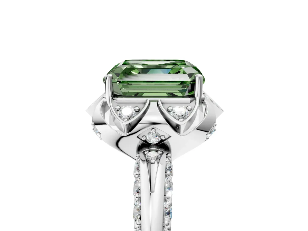 Fancy Green Asscher Cut Halo Split Shank Pave Diamond Ring with Petal Prong Setting Silver