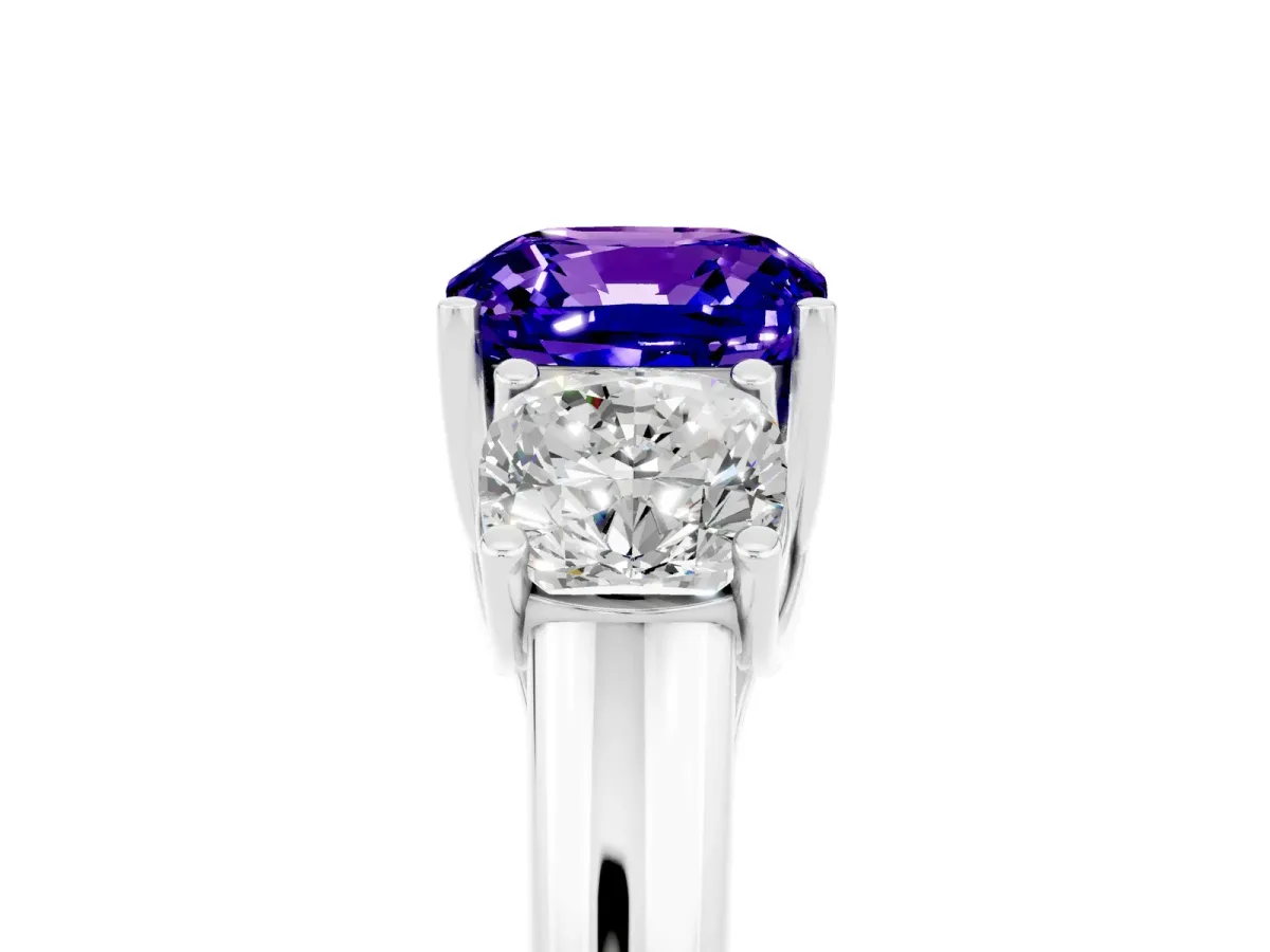 Three-Stone Cushion Cut Tanzanite Engagement Ring with Prong Setting White gold