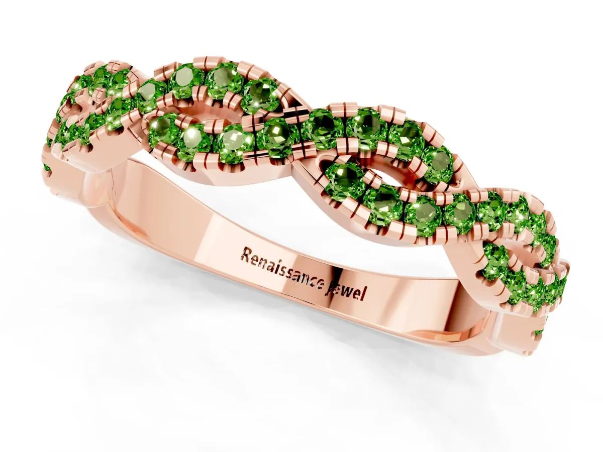 Round Peridot Twisted Eternity Band with Pavé and Shared Prong Setting Rose gold