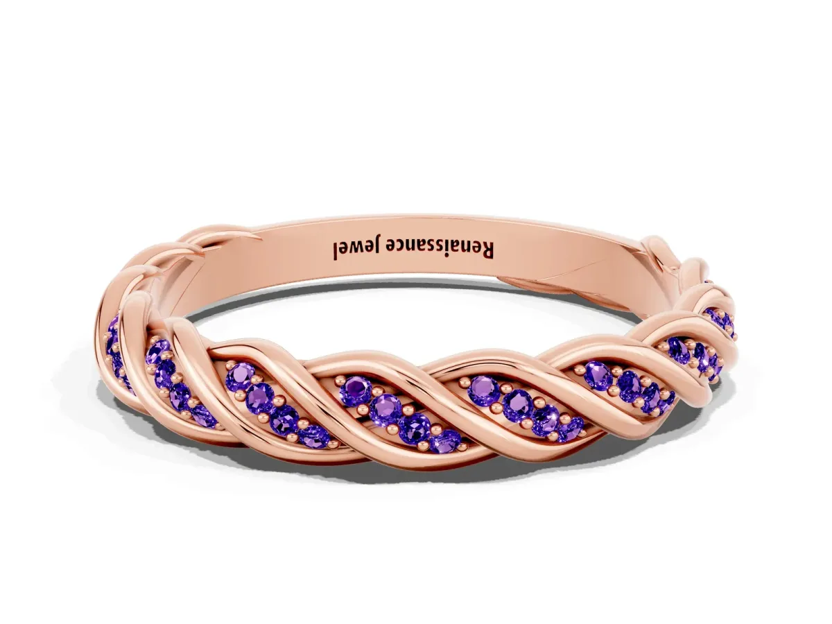 Twisted Pavé Round Tanzanite Eternity Band with Shared Prong Setting Rose gold