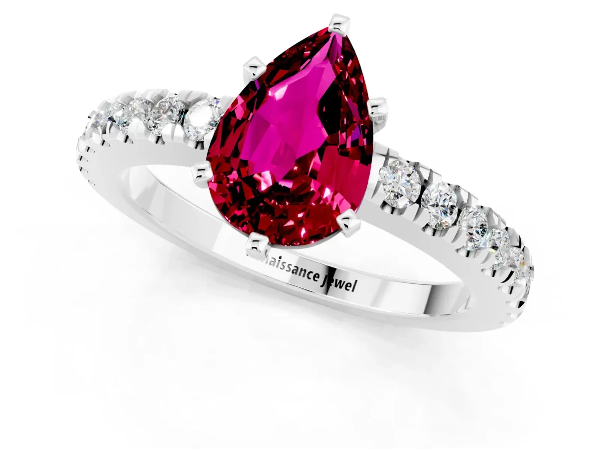 Pear Cut Solitaire Garnet with Pavé Band and Four-Prong Setting Silver