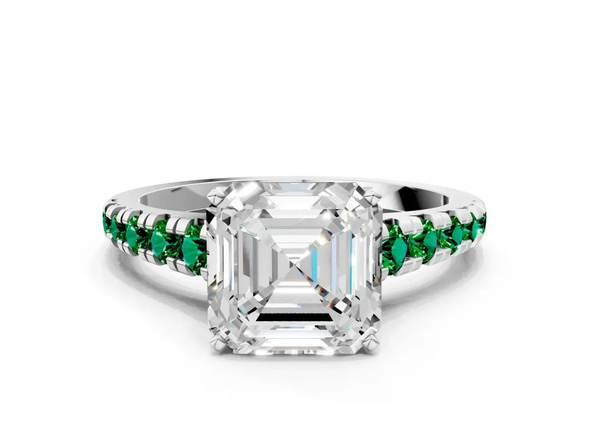 Asscher Cut Diamond Cathedral Solitaire Ring with Round Emerald Pavé Band Platinum
