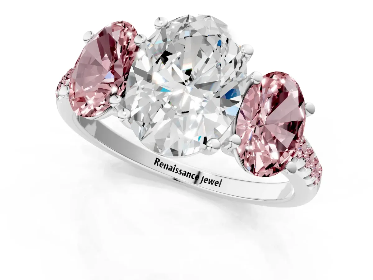 Three-Stone Oval Cut Diamond Ring with Round Morganite Pavé Band and Prong Setting Silver
