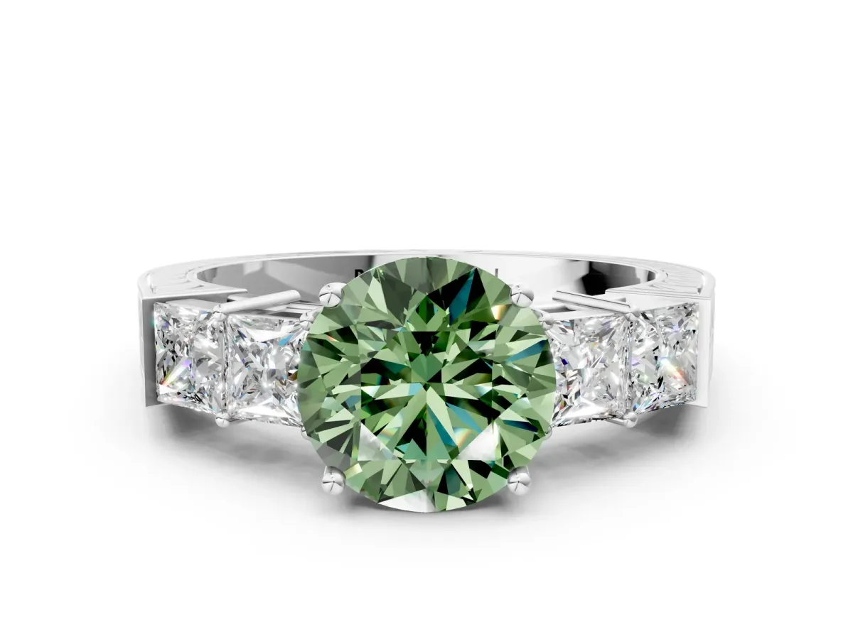 Fancy Green Round Cut Solitaire Princess Side Stone Engraved Band Prong Setting Ring Silver