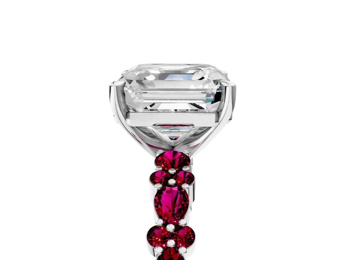 Asscher Cut Diamond Side Stone Solitaire Ring with Round Garnet and Four-Prong Setting Silver