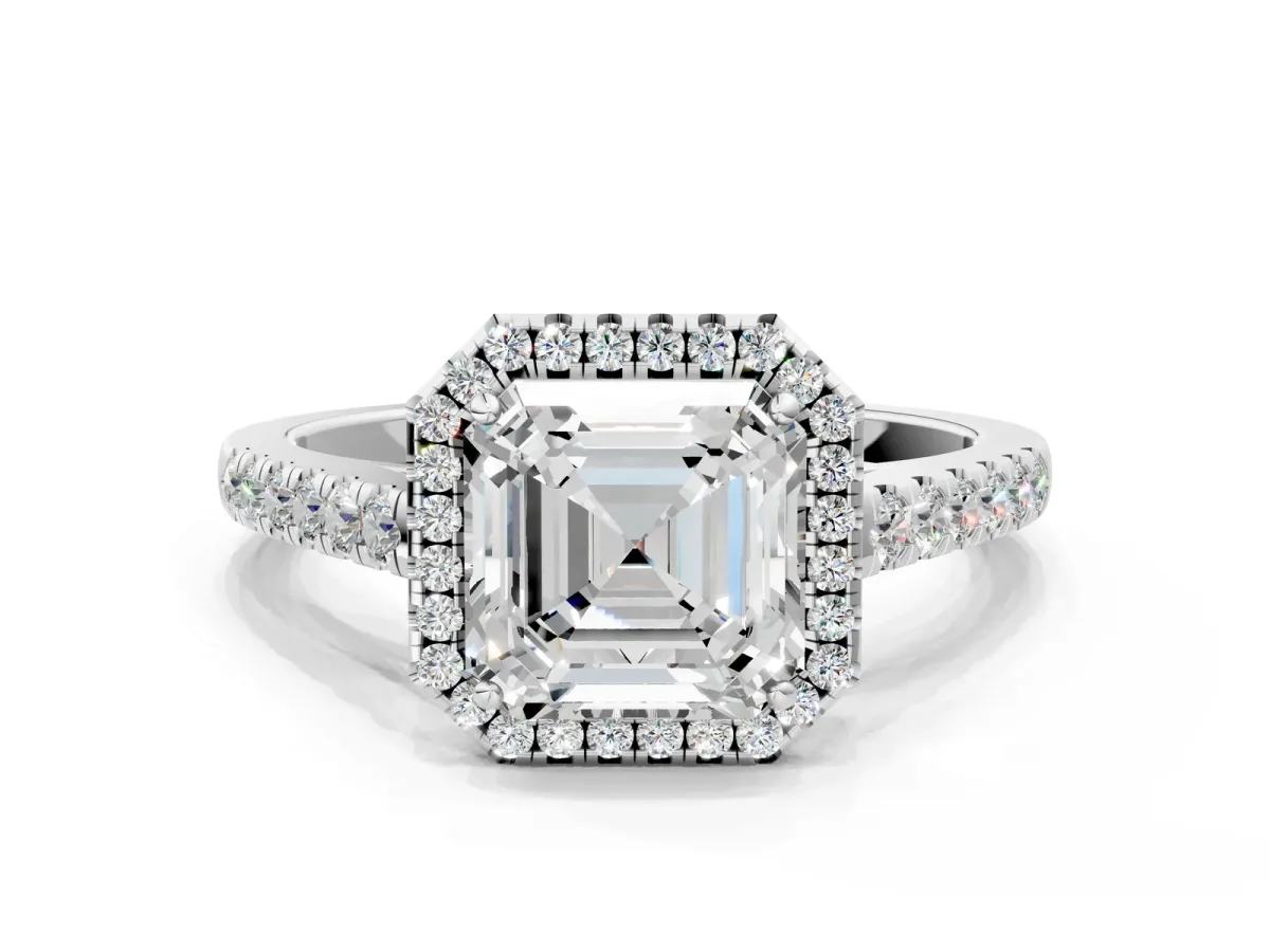Asscher Cut Halo Pave Diamond Engagement Ring with Four-Prong Setting Platinum