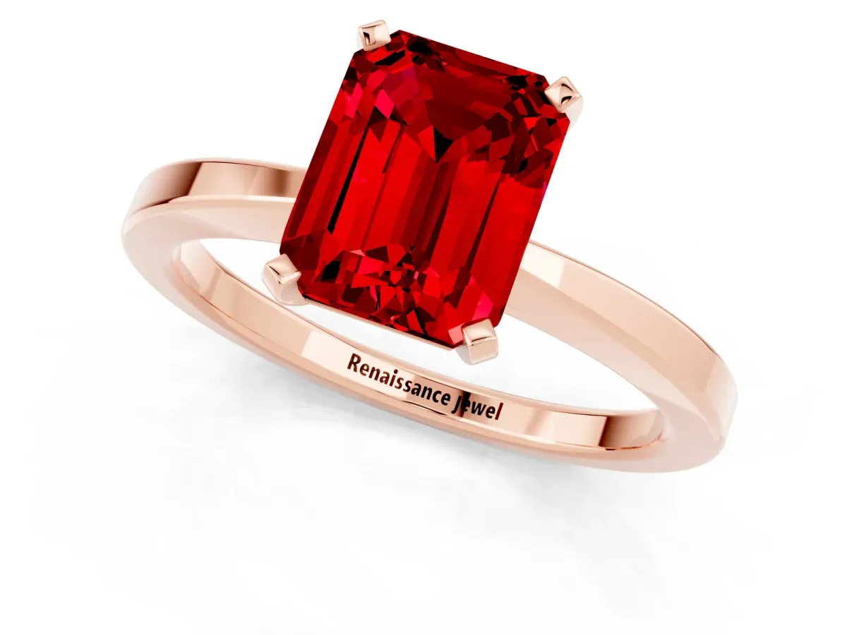 Emerald Cut Ruby Solitaire Engagement Ring with Classic Band and Four-Prong Setting Rose gold