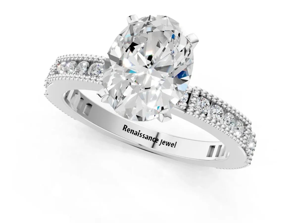 Oval Cut Solitaire with Pavé Band and Four-Prong Setting White gold