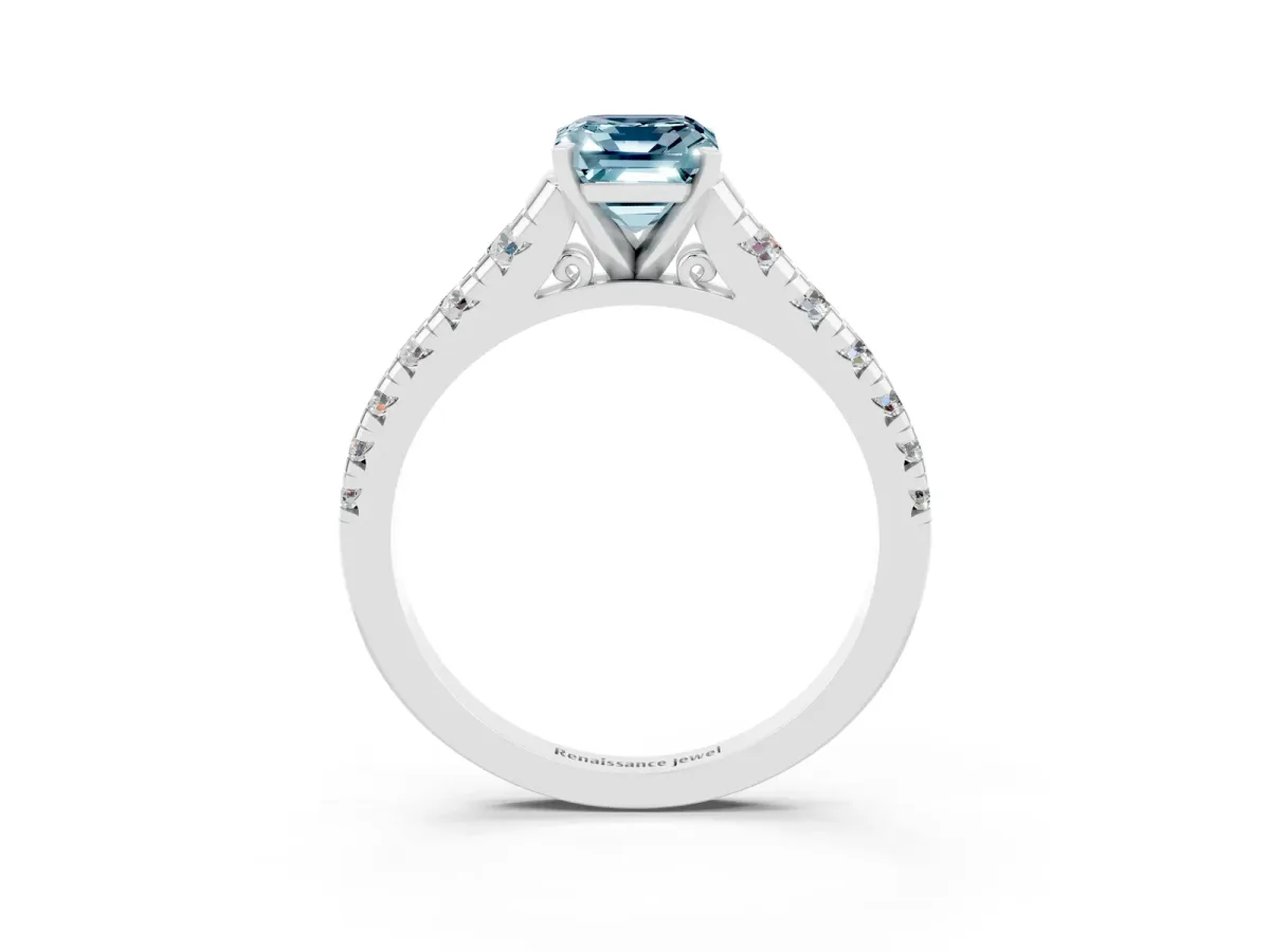 Emerald Cut Aquamarine Cathedral Solitaire Ring with Round Pavé Band Silver