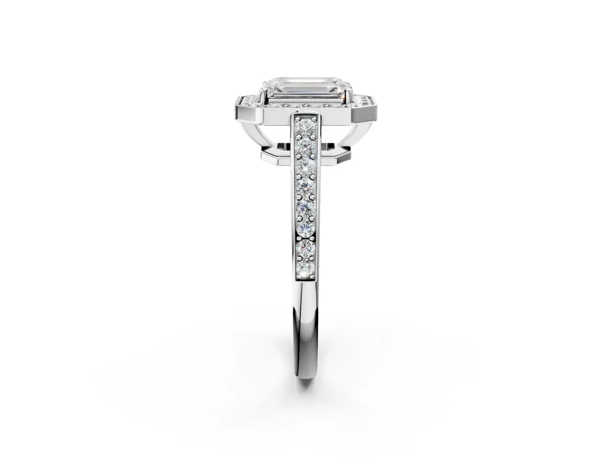 Emerald Cut Halo Pavé Diamond Engagement Ring with Bezel Setting Silver
