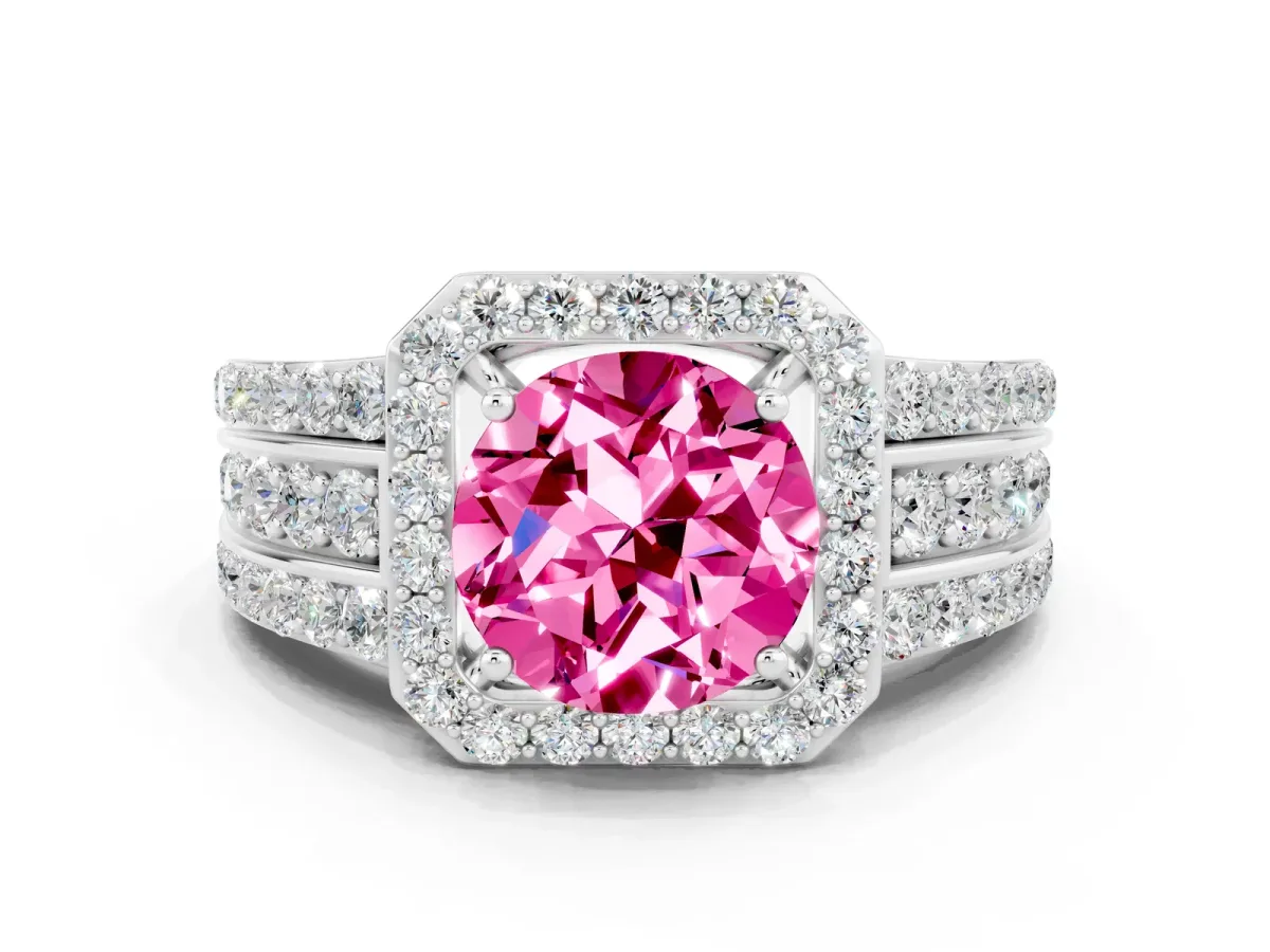 Round Cut Halo Pink Sapphire Ring with Round Split Shank and Prong Setting Platinum