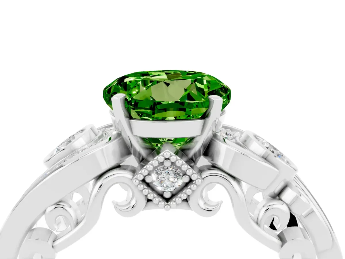 Round Cut Peridot Solitaire Ring with Milgrain Pavé Band and Four-Prong Setting Silver