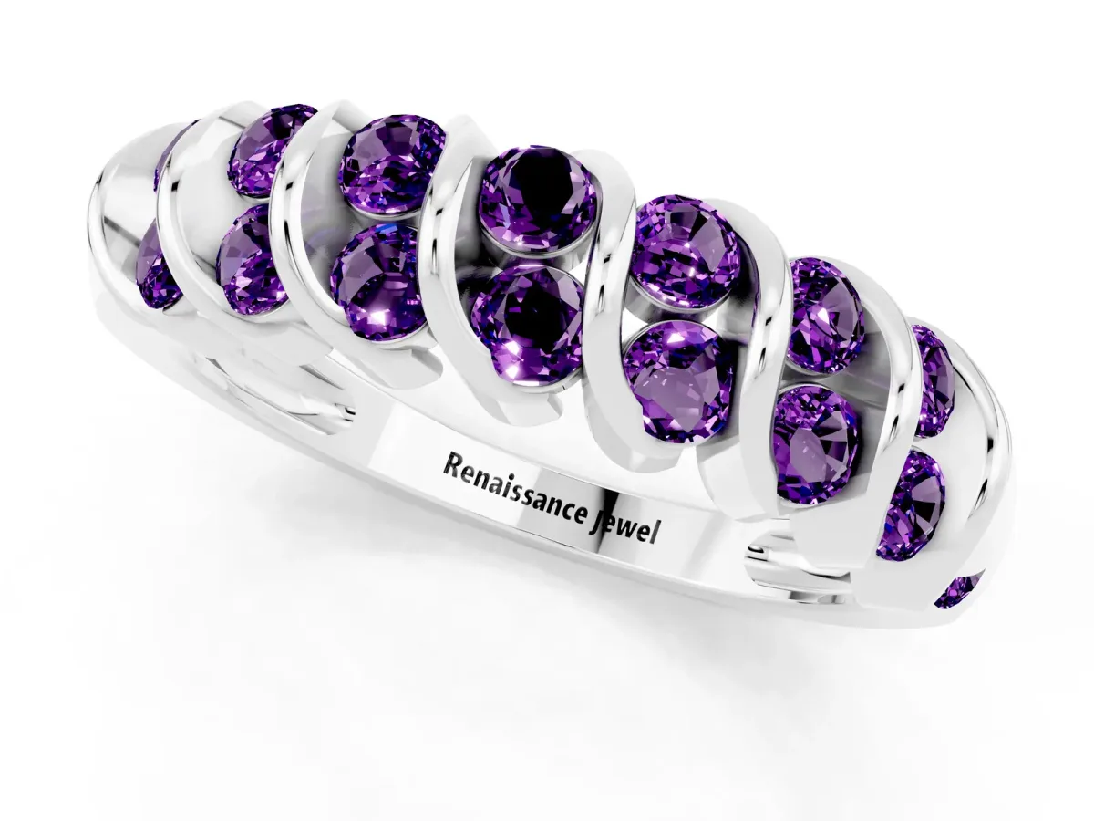 Channel Set Round Amethyst Multi-Row Band White gold