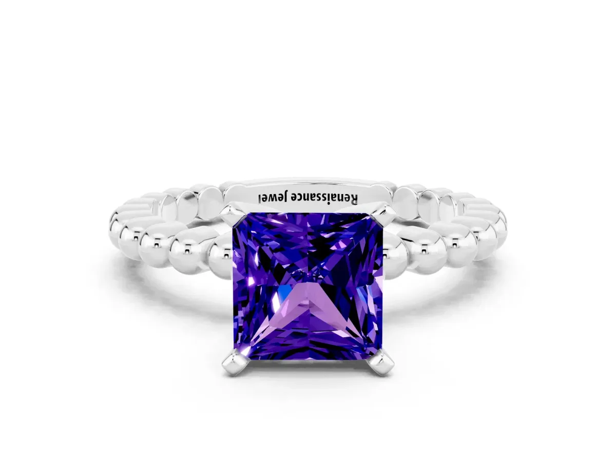 Princess Cut Tanzanite Solitaire Ring with Beaded Band and Prong Setting Platinum