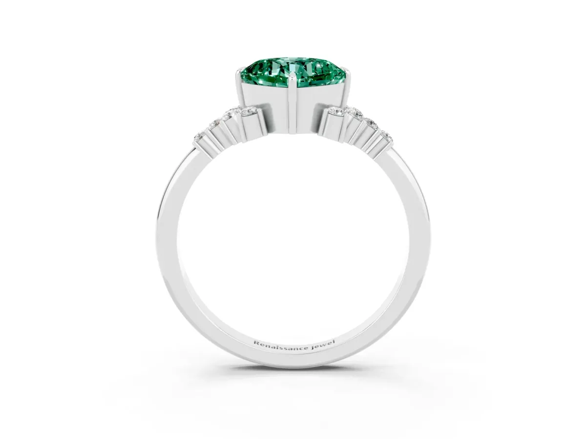 Cushion Cut Green Sapphire Ring with Side Stones and Four-Prong Setting Silver