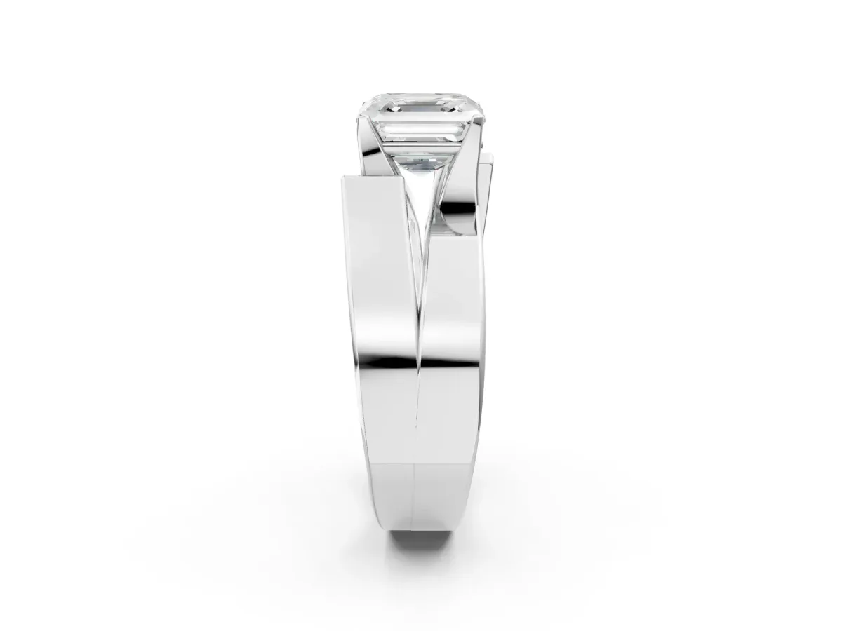 Modern Tension Set Asscher Cut Diamond Solitaire Wide Band Ring Silver