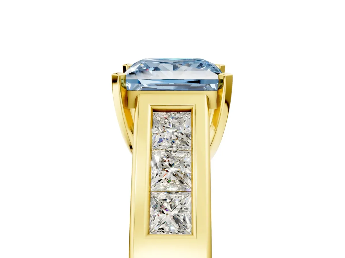 Fancy Blue Princess Cut Cut Channel Set Solitaire Ring with Four-Prong Setting Yellow gold
