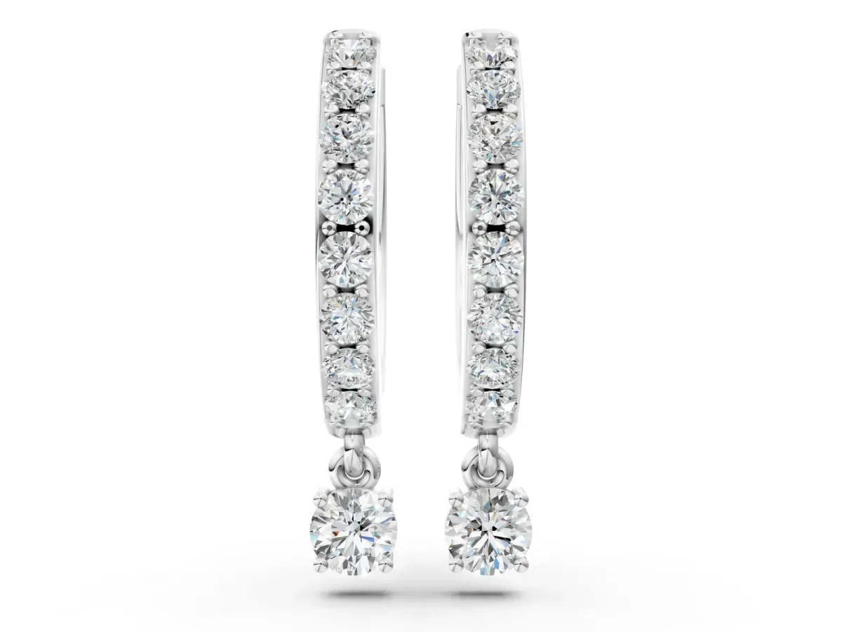 Round Cut Diamond Pavé Hoop Earrings with Drop Accent Silver