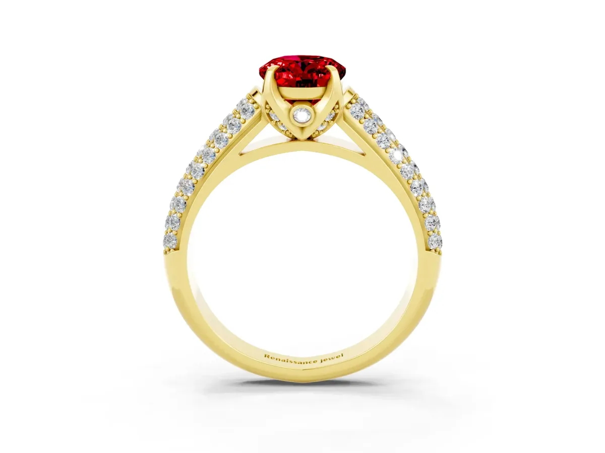 Oval Cut Ruby Solitaire Ring with Three-Row Pavé Band and Four-Prong Setting Yellow gold