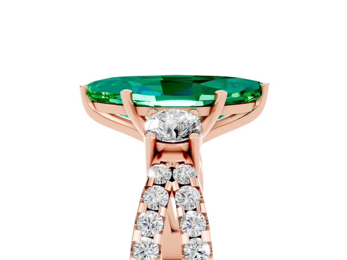 Marquise Cut Emerald Three-Stone Ring with Pavé Split Shank and Four-Prong Setting Rose gold