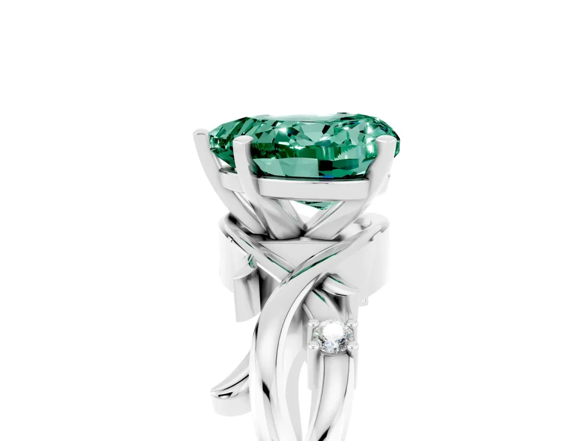 Heart Cut Green Sapphire Solitaire Ring with Twisted Band and Prong Setting Silver