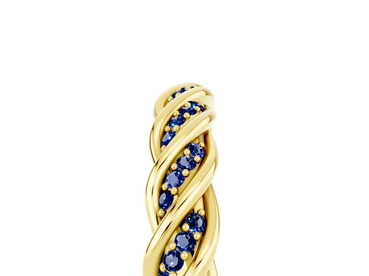 Twisted Pavé Round Blue Sapphire Eternity Band with Shared Prong Setting Yellow gold