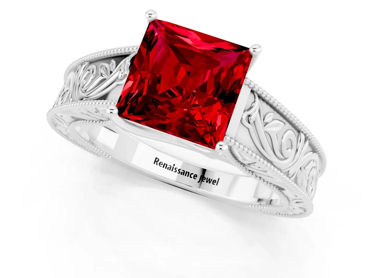 Princess Cut Ruby Solitaire Ring with Engraved Band and Four-Prong Setting White gold