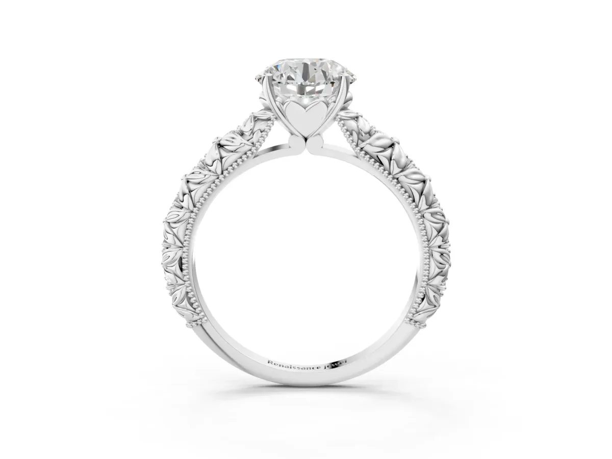 Round Cut Solitaire Floral Milgrain Engagement Ring Silver