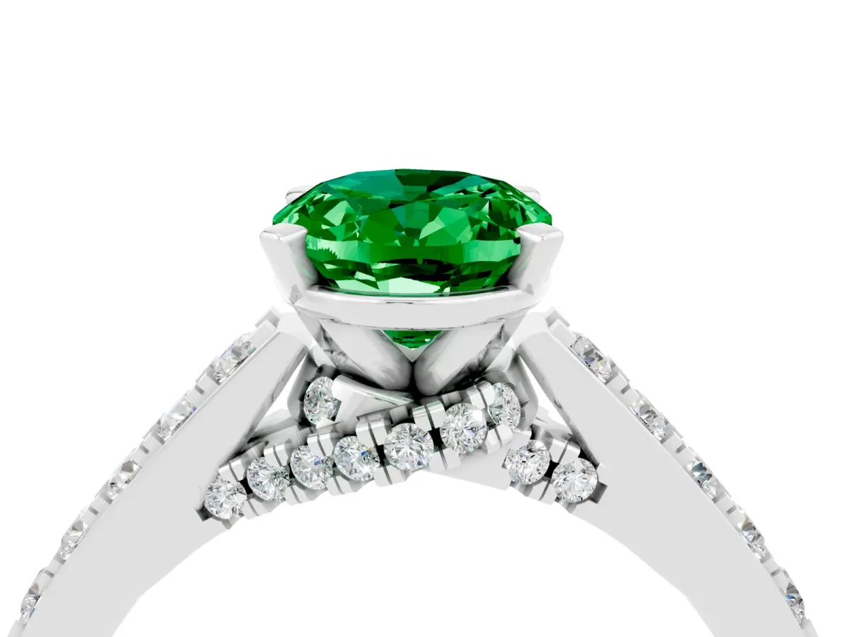 Oval Cut Emerald Solitaire Ring with Crossover Gallery and Round Pavé Band Platinum
