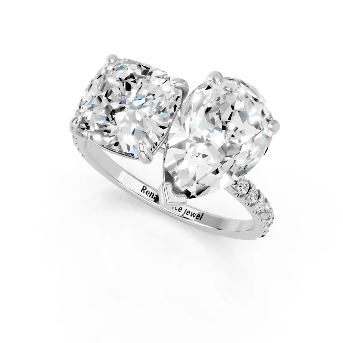 Pear and Cushion Toi Moi Ring with Prong Setting and Pave Band Silver