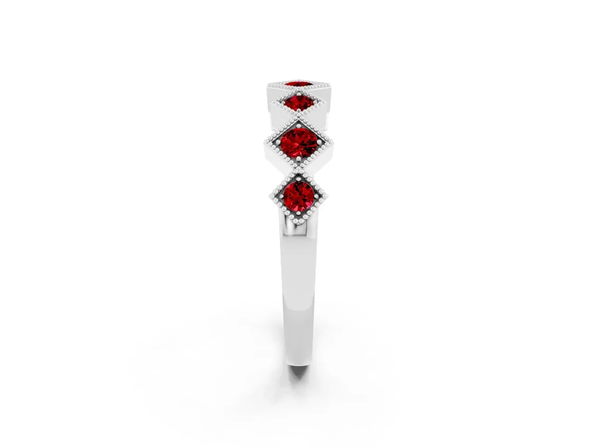 Milgrain Square Bezel Round Ruby Chevron Band Silver