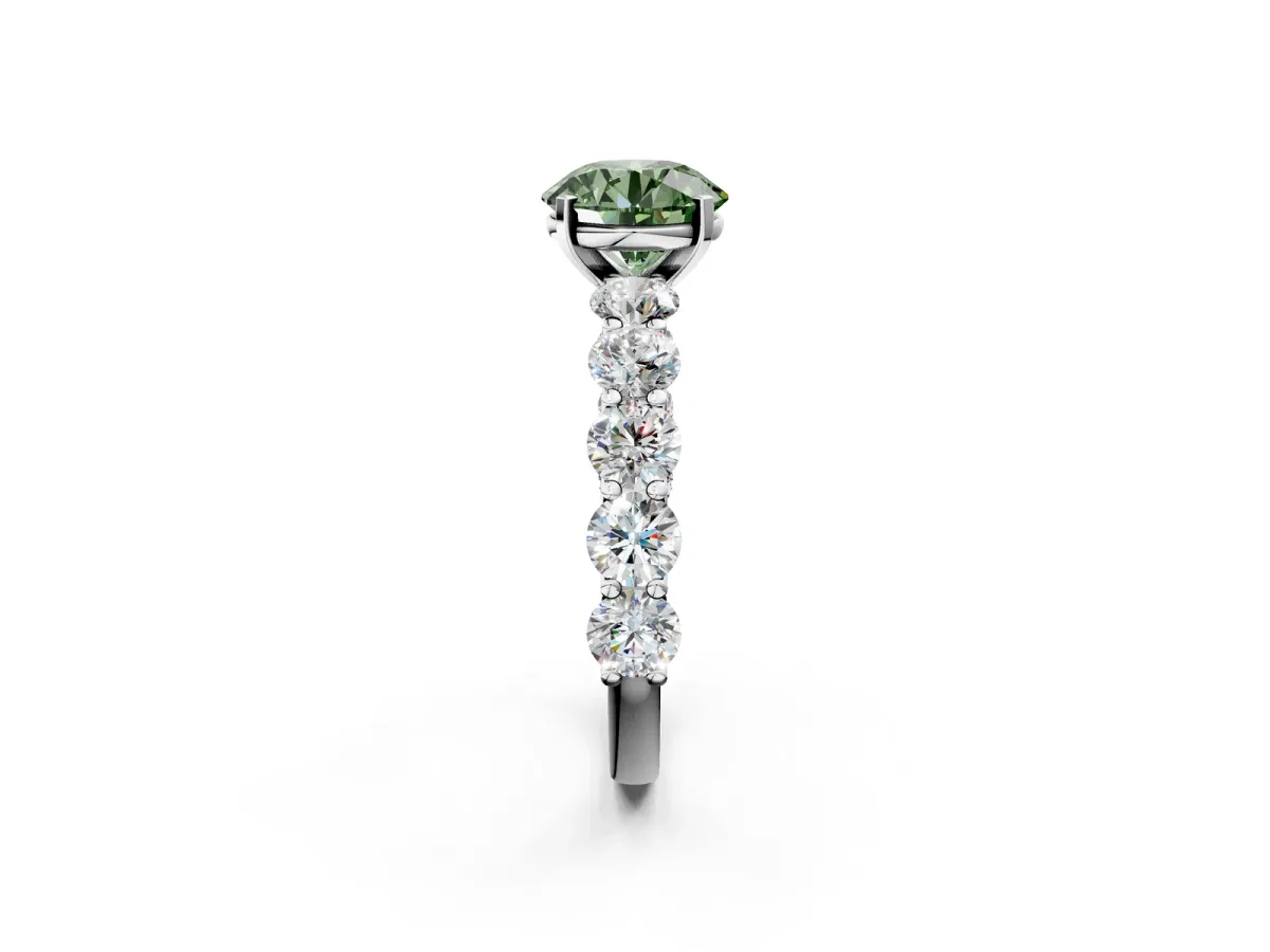 Fancy Green Round Cut Diamond Prong Setting with Side Stones on a Pave Band Silver