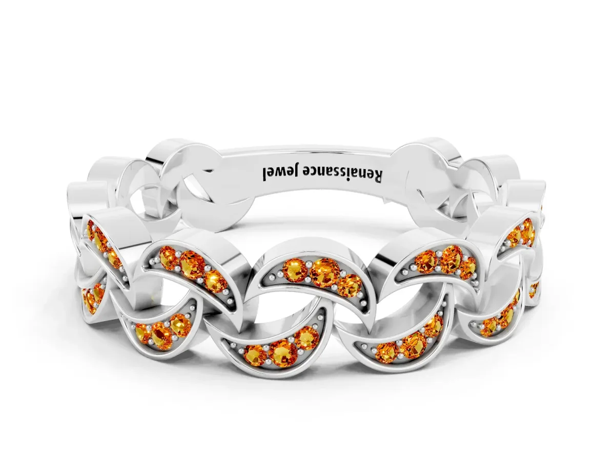 Pavé Round Citrine Interlocking Eternity Band with Bezel Prong Setting Platinum