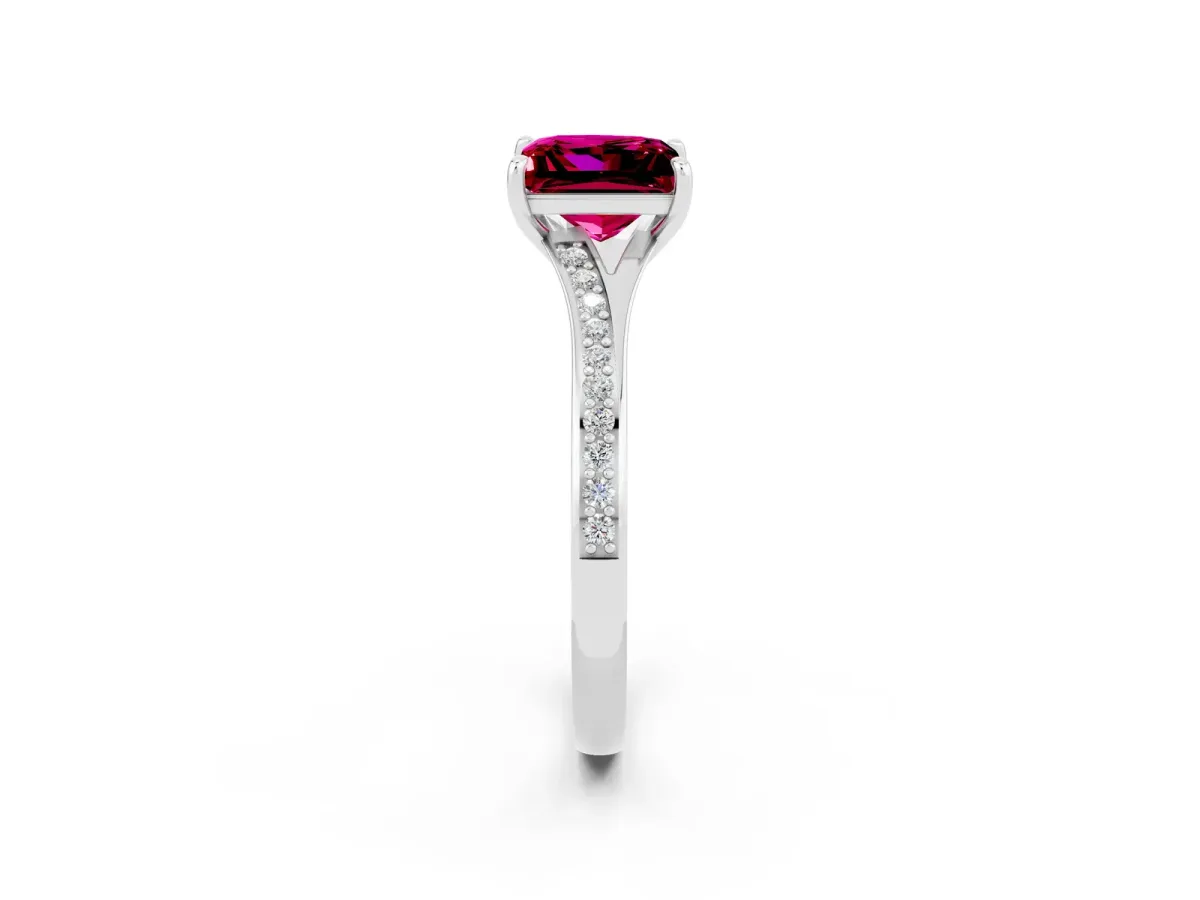 Princess Cut Garnet Solitaire Ring with Pavé Band and Prong Setting Silver