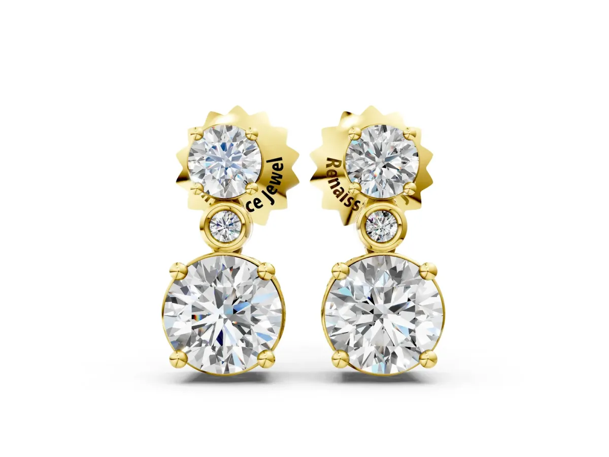 Round Diamond Two Stone Drop Earrings with Bezel Diamond Accent Yellow gold