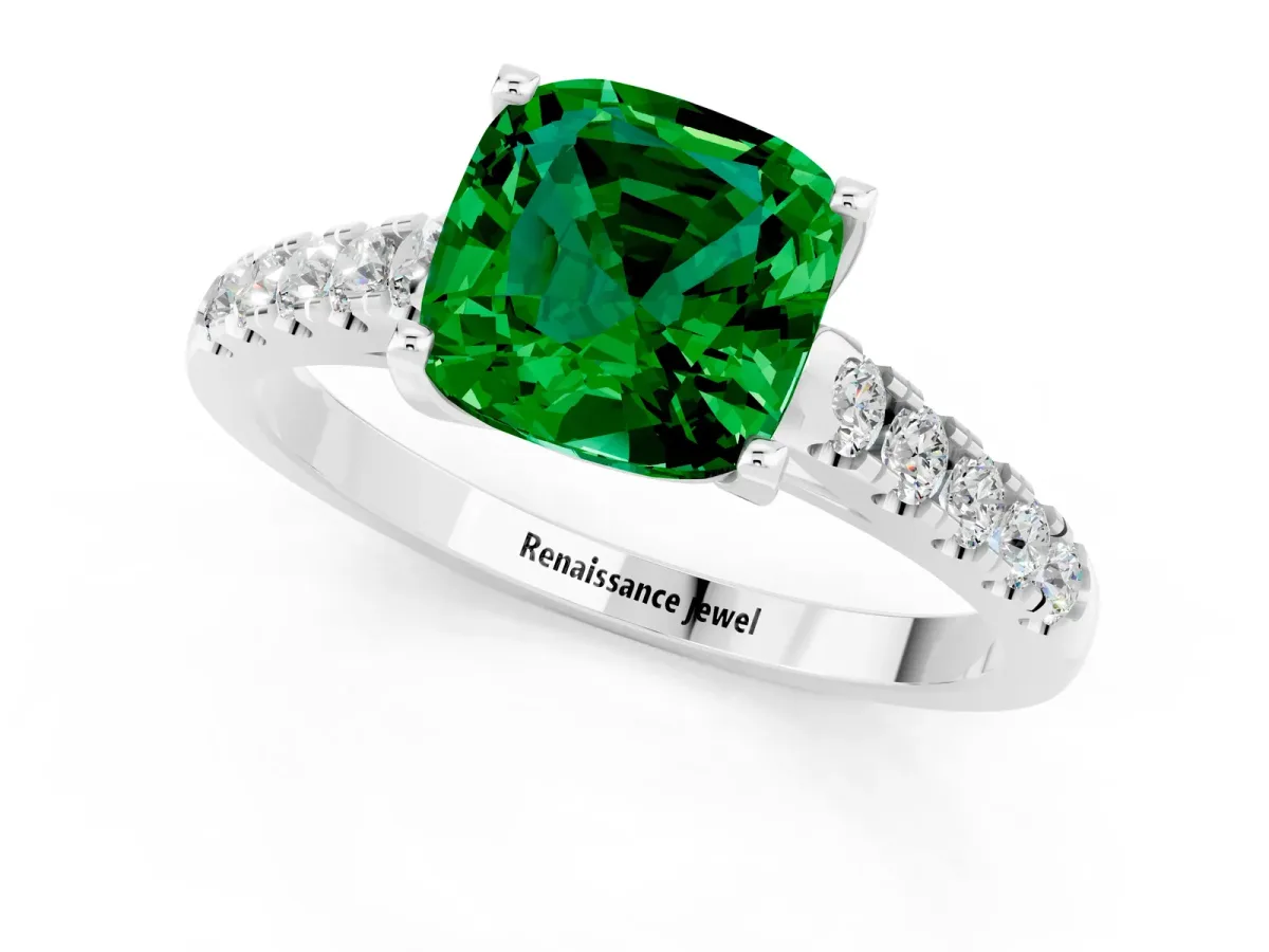 Cushion Cut Emerald Pavé Band Solitaire Ring with Prong Setting Platinum