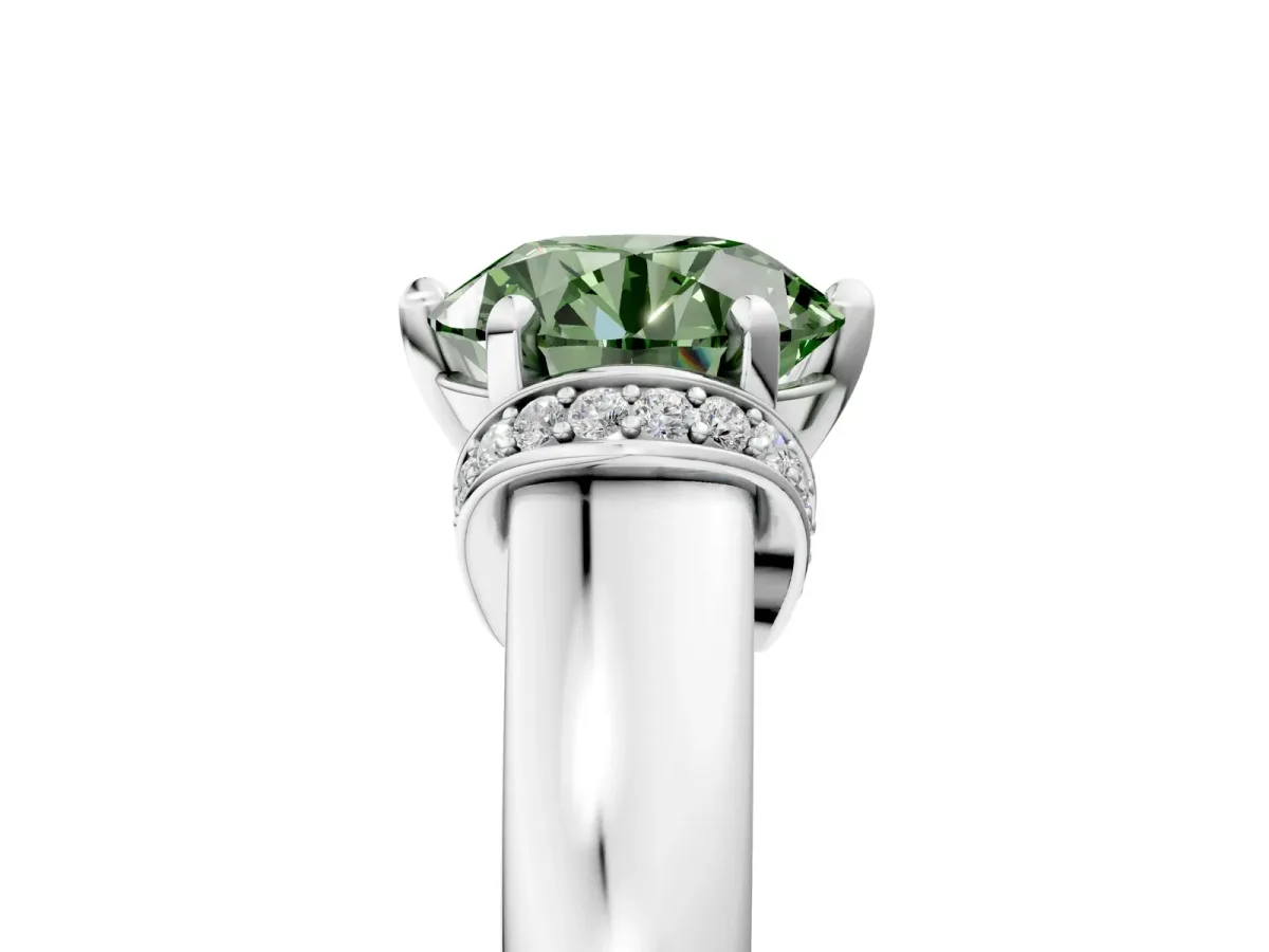 Fancy Green Round Cut Solitaire Diamond Ring with Pave Band and Six-Prong Setting Silver