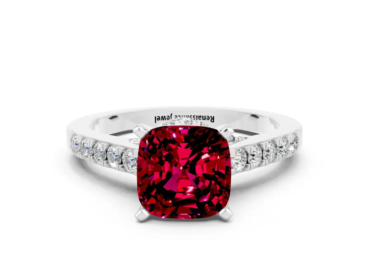 Cushion Cut Garnet Solitaire Ring with Crossover Gallery and Round Pavé Band Silver