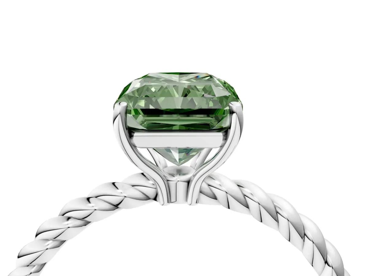 Fancy Green Radiant Cut Solitaire Twisted Band 4-Prong Ring Platinum