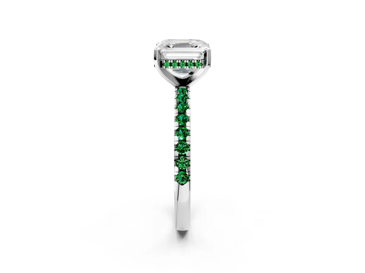 Asscher Cut Diamond Solitaire Ring with Round Emerald Pavé Band and Four-Prong Setting Silver