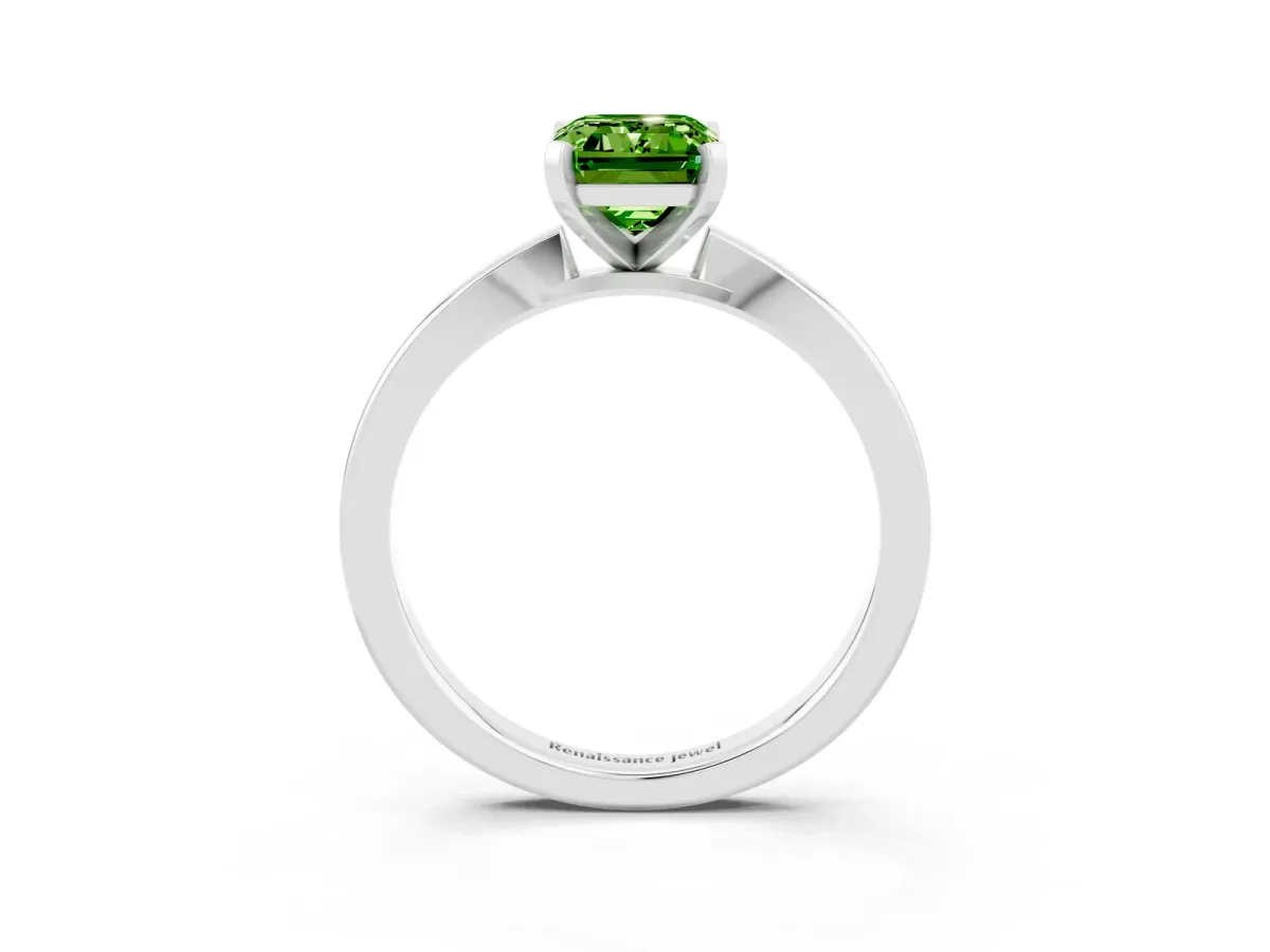 Emerald Cut Peridot Solitaire Engagement Ring with Classic Band and Four-Prong Setting Platinum
