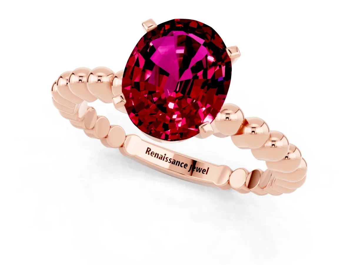 Oval Cut Garnet Solitaire Ring with Beaded Band and Prong Setting Rose gold