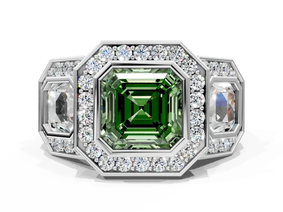Fancy Green Three-Stone Asscher Cut Halo Pavé Diamond Ring Platinum