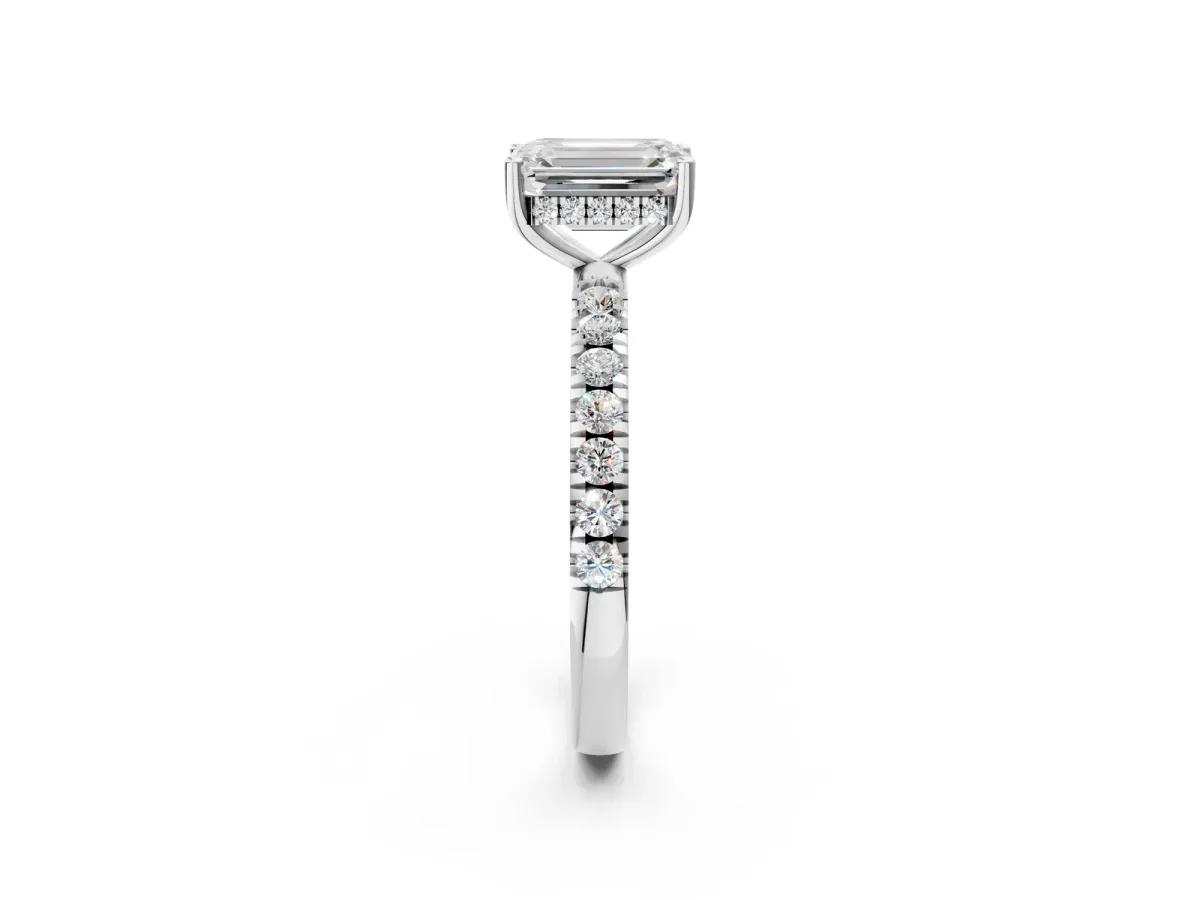 Emerald Cut Diamond Pave Band Solitaire Ring with Round and Prong Setting Platinum