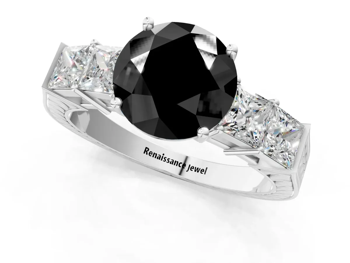 Fancy Black Round Cut Solitaire Princess Side Stone Engraved Band Prong Setting Ring Silver