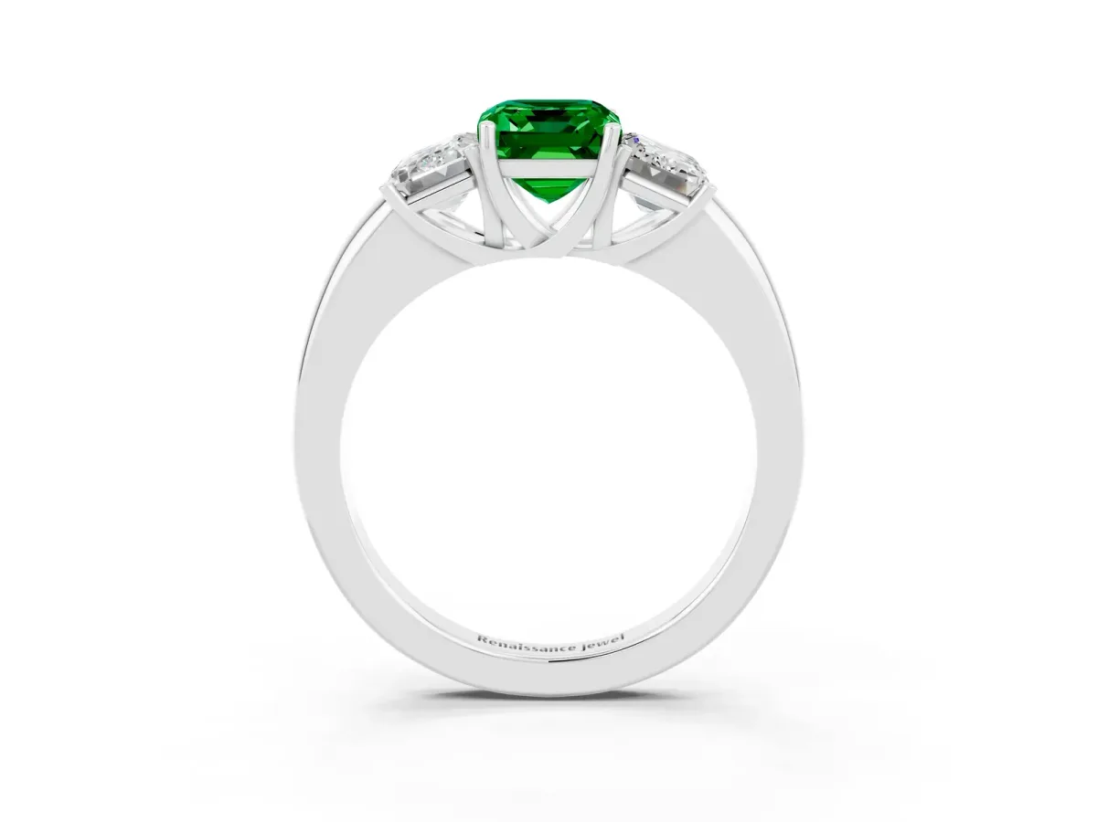 Emerald Cut Emerald Three-Stone Ring with Four-Prong Setting and Classic Band Silver