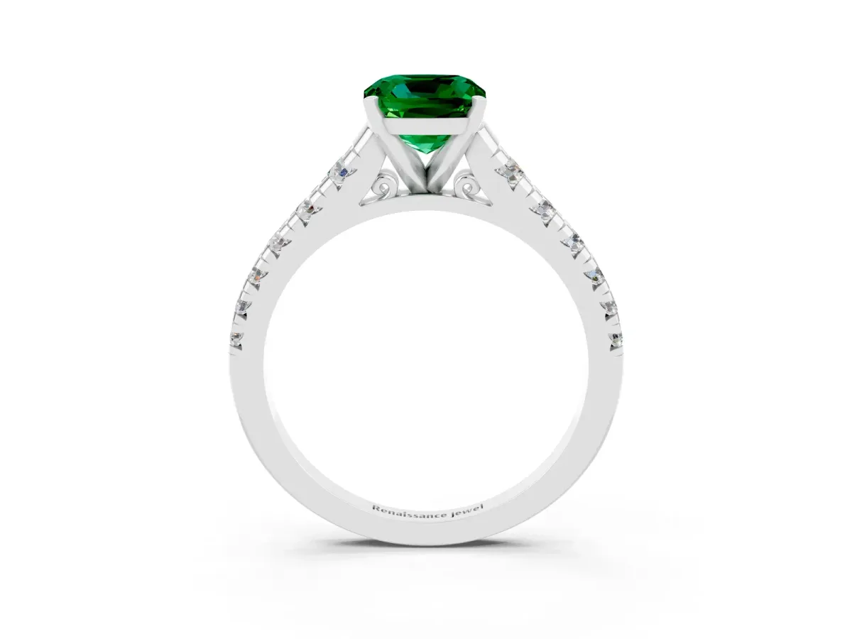 Cushion Cut Emerald Cathedral Solitaire Ring with Round Pavé Band Platinum